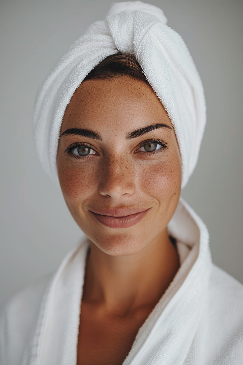Beauty with towel on her head coming from Poolside